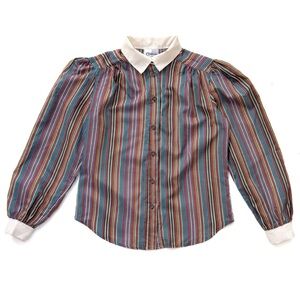 Vintage 80s California Connection Black Multi Striped Puff Balloon Sleeve Blouse